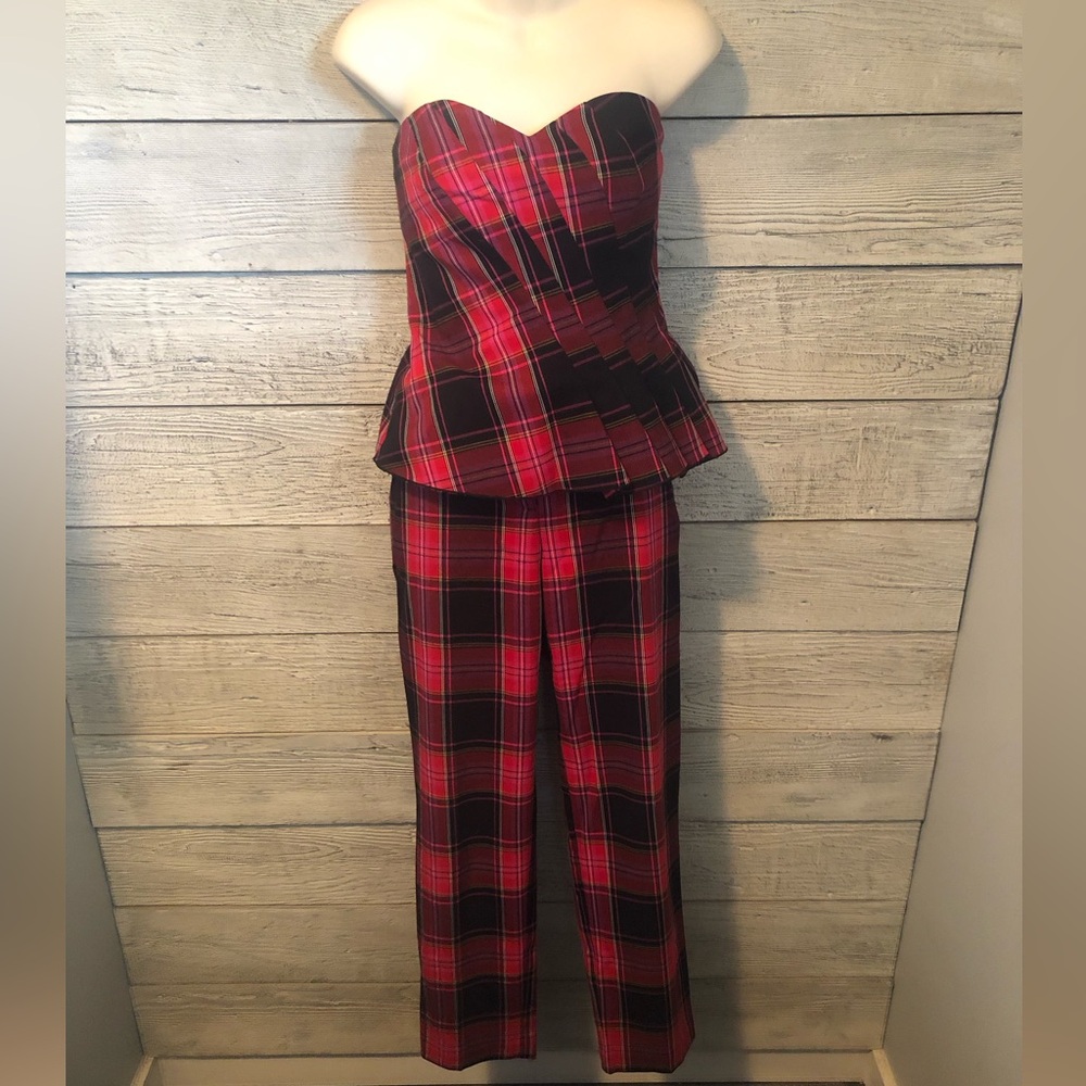 Trina Turk Red, Pink, and Black Plaid Strapless Bustier and Pants